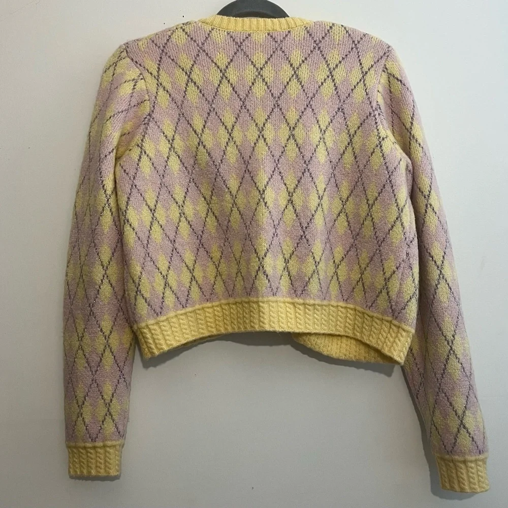 ZARA Pastel Argyle Knit Cropped Cardigan Yellow Lilac Open Front Size S